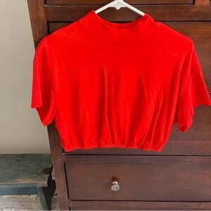 ALO Yoga Red Boxy Crop T-Shirt with Mandarin Collar